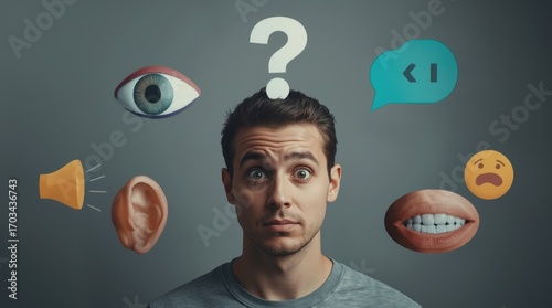 A man with a puzzled expression surrounded by various symbols representing communication and senses