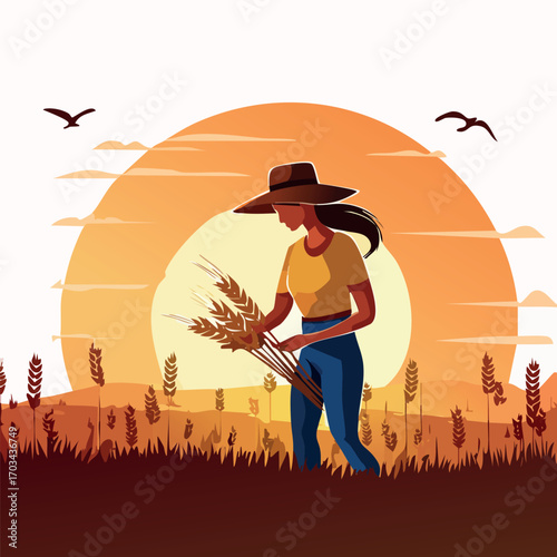 Woman harvesting wheat at sunset in a stylized farm scene.