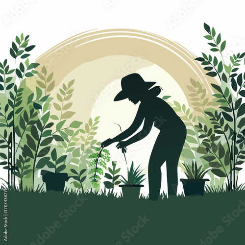 Vector illustration of a woman's silhouette in a hat tending to potted plants in a lush green garden