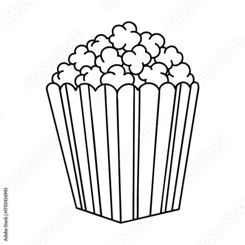 Black and white line drawing of a full container of popcorn with detailed popped kernels and striped box design