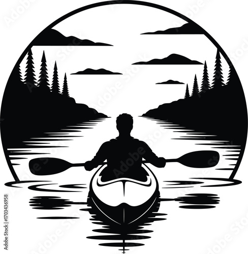 Kayaker paddling on water surrounded by trees and clouds