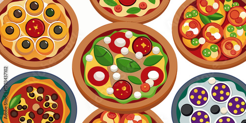 A realistic top-down view of a variety of whole pizzas displayed in a clean, evenly spaced layout on a white background. Each pizza features different toppings such as pepperoni, mushrooms, olives, on