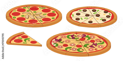 A realistic top-down view of a variety of whole pizzas displayed in a clean, evenly spaced layout on a white background. Each pizza features different toppings such as pepperoni, mushrooms, olives, on