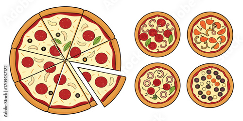 A realistic top-down view of a variety of whole pizzas displayed in a clean, evenly spaced layout on a white background. Each pizza features different toppings such as pepperoni, mushrooms, olives, on
