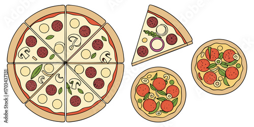 A realistic top-down view of a variety of whole pizzas displayed in a clean, evenly spaced layout on a white background. Each pizza features different toppings such as pepperoni, mushrooms, olives, on