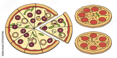 A realistic top-down view of a variety of whole pizzas displayed in a clean, evenly spaced layout on a white background. Each pizza features different toppings such as pepperoni, mushrooms, olives, on