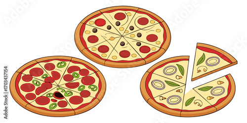 A realistic top-down view of a variety of whole pizzas displayed in a clean, evenly spaced layout on a white background. Each pizza features different toppings such as pepperoni, mushrooms, olives, on