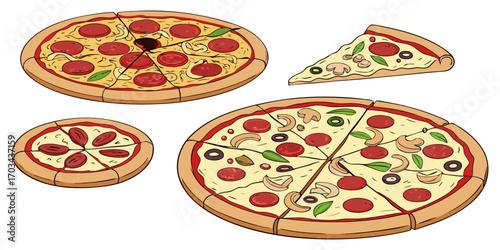 A realistic top-down view of a variety of whole pizzas displayed in a clean, evenly spaced layout on a white background. Each pizza features different toppings such as pepperoni, mushrooms, olives, on
