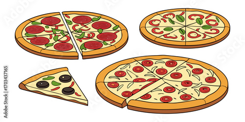 A realistic top-down view of a variety of whole pizzas displayed in a clean, evenly spaced layout on a white background. Each pizza features different toppings such as pepperoni, mushrooms, olives, on