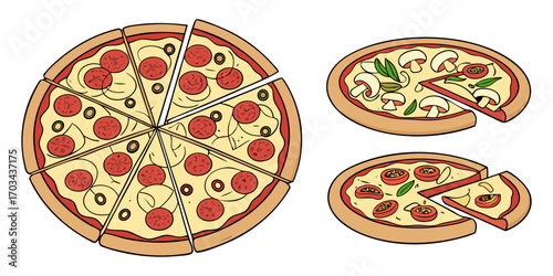 A realistic top-down view of a variety of whole pizzas displayed in a clean, evenly spaced layout on a white background. Each pizza features different toppings such as pepperoni, mushrooms, olives, on