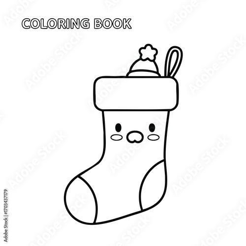 Black and white line art of a cute Christmas stocking with a pom-pom hat and facial expression for coloring book