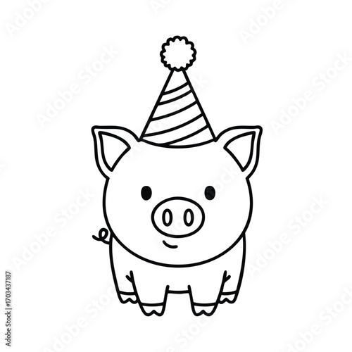 Cute cartoon pig wearing a striped party hat with pompom in simple black line art style isolated on white