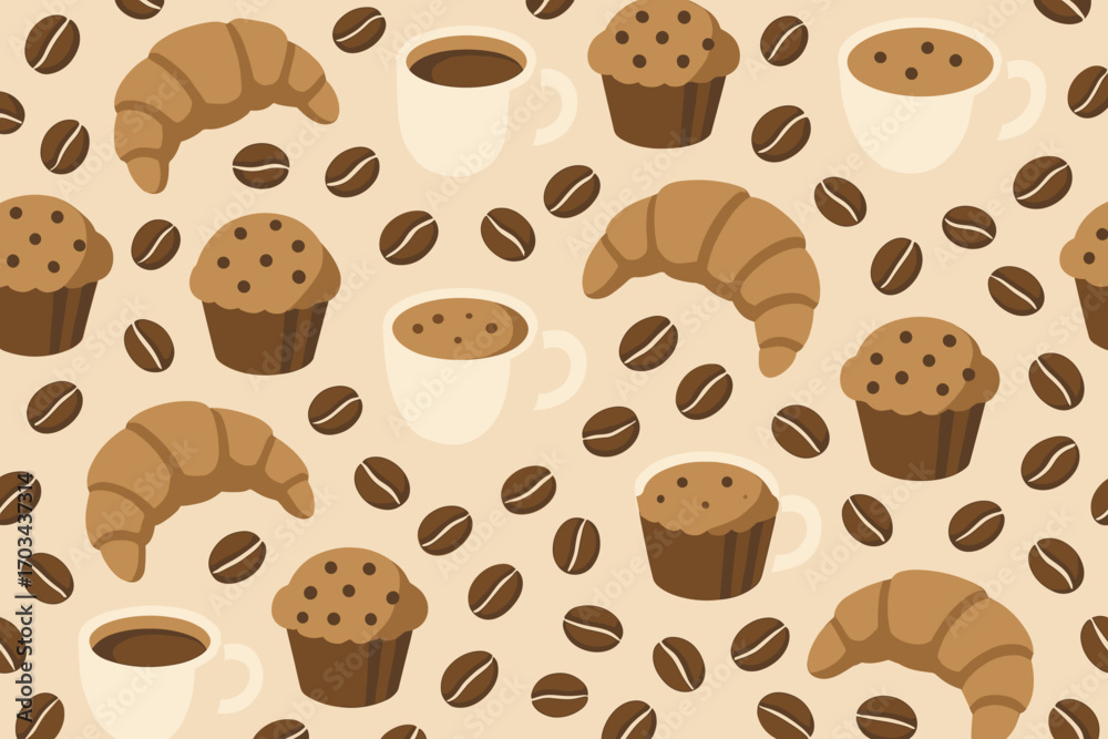 Obraz premium Coffee, Croissant and Muffin Seamless Pattern � Warm Flat Design
