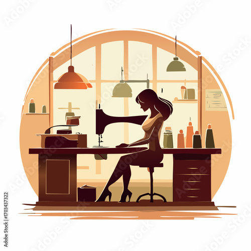 Silhouette of a woman sewing at a sewing machine in a workshop with shelves and large window.