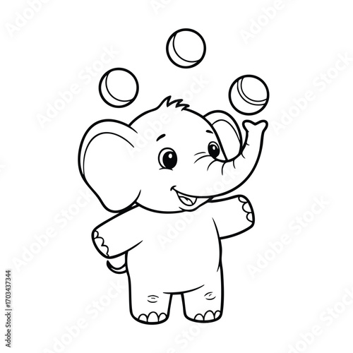 Cute cartoon baby elephant happily juggling three balls with a joyful expression in a simple black and white line art style