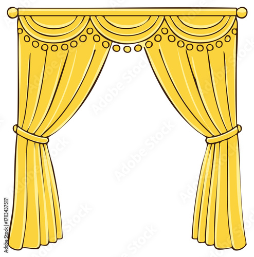 Drawn Golden Drapes with Beaded Valance and Tiebacks