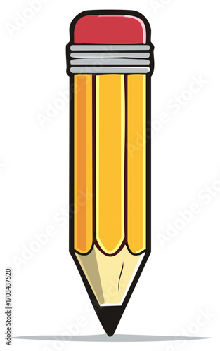 Vector illustration of a sharpened cartoon pencil with a red eraser on top, isolated.