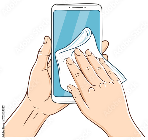Hands cleaning a smartphone screen with a white wipe for hygiene and maintenance