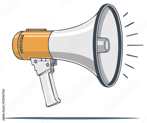 Orange and grey megaphone broadcasting sound waves illustration for announcement message