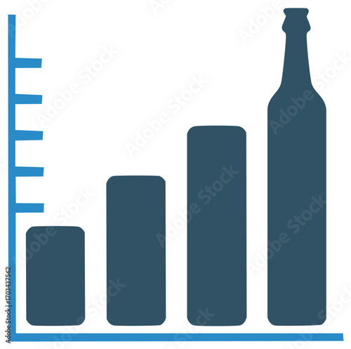 Statistical bar chart with a beer bottle silhouette showing the growth of the alcohol industry or rising consumption.