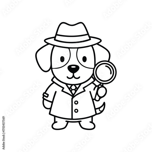 Cute cartoon dog dressed as a detective holding a magnifying glass wearing a hat and trench coat in black and white