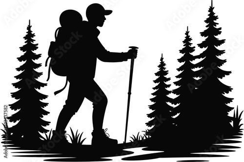 Hiker with backpack and pole among pine trees trekking pole