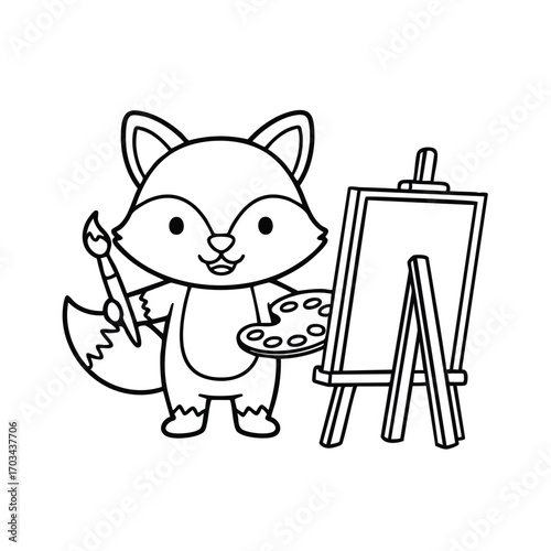 Cute cartoon fox holding a paintbrush and palette standing next to a blank easel ready to create art
