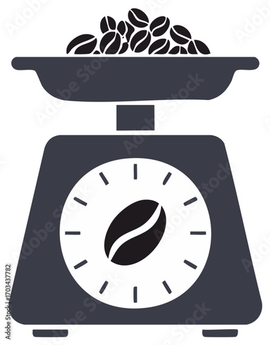 Kitchen scale weighing roasted coffee beans vector icon with a bean symbol on the dial