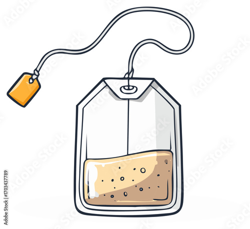 Hand-drawn illustration of a tea bag with a string and orange tag