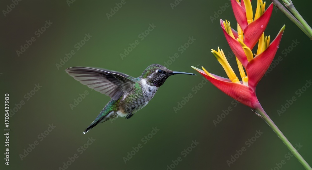 Naklejka premium Hummingbird hovering near vibrant red and yellow flower during flight, capturing nature's beauty and intricate details