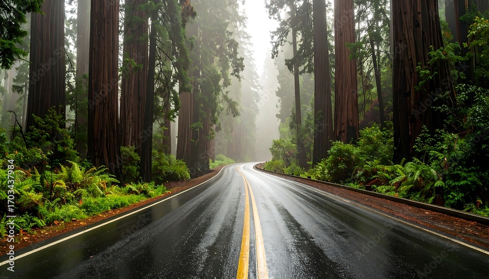 Fototapeta premium Winding, wet asphalt road cuts through a misty forest of towering, reddish-brown trees with green undergrowth. Fog hangs low
