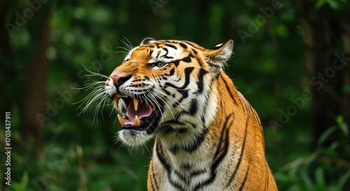 Powerful tiger roaring with sharp teeth and intense gaze, showcasing wild animal beauty in natural habitat