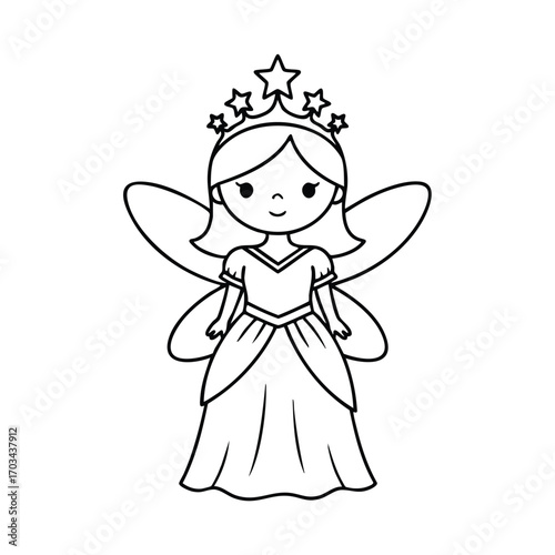 Cute cartoon fairy with star crown and wings wearing a long elegant dress in black and white line art