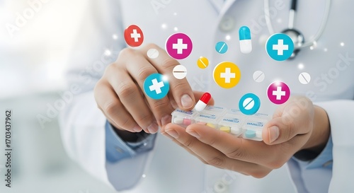 Wallpaper Mural Pharmacist or doctor managing daily medication in a pill organizer, surrounded by floating medical icons representing digital healthcare and treatment concepts Torontodigital.ca