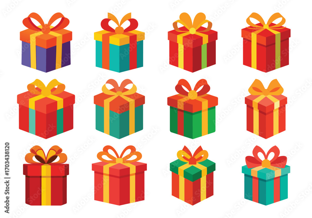 Fototapeta premium Twelve Colorful Gift Boxes with Bows for Holidays