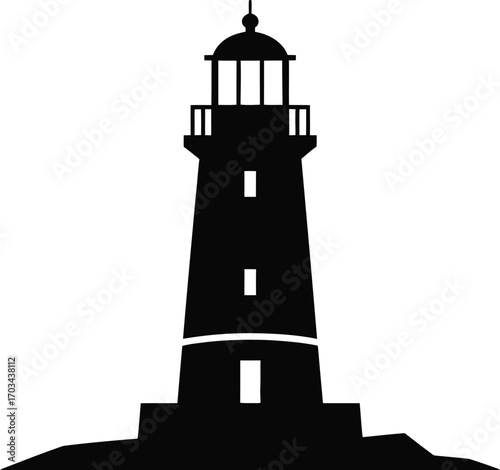 Tall black lighthouse on rocky shore tower beacon
