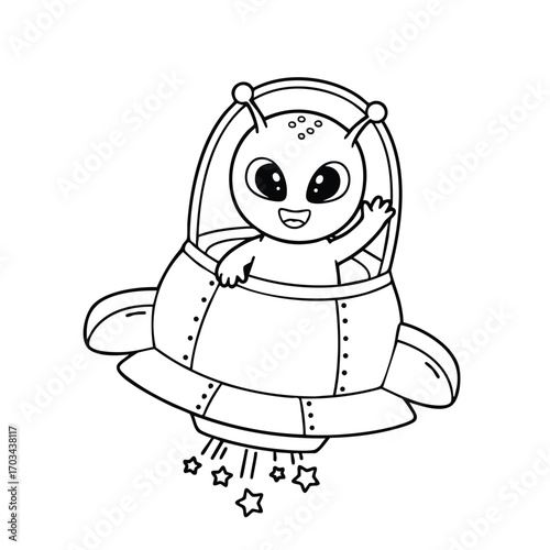 Cute cartoon alien waving happily while flying a small spaceship with star-shaped exhaust in space