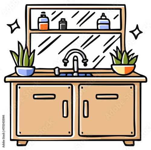 Cartoon illustration of a bathroom vanity with mirror and plants