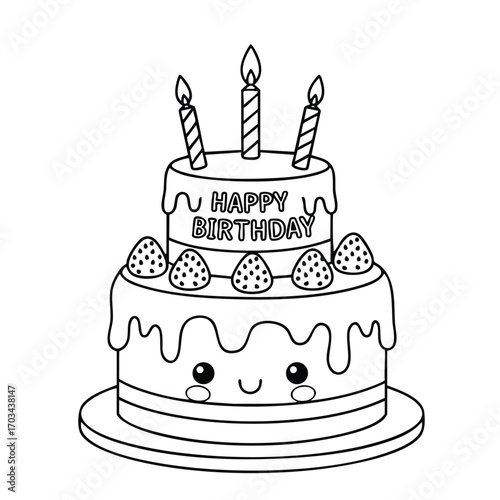 Cute two-tier birthday cake with smiling face, strawberries, dripping icing, and three lit candles on top