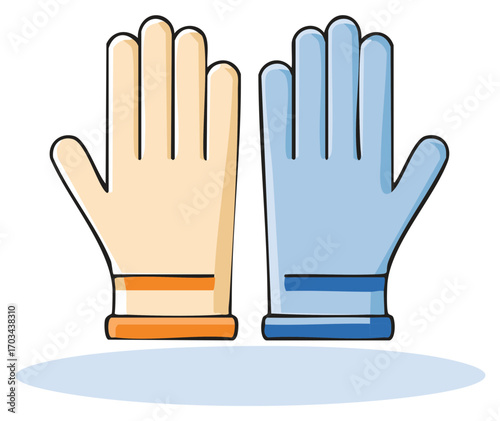 Cartoon illustration of two protective gloves, beige and blue colors, isolated