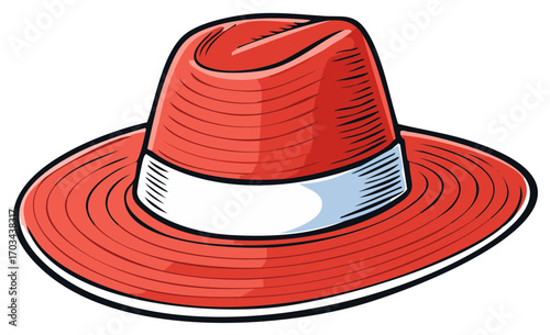 Bright red fedora hat, flat illustration, with a white band, and an outline on a white background.