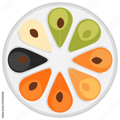 Colorful Fruit Slices on a Round Plate Arranged in a Circular Pattern, Food Presentation