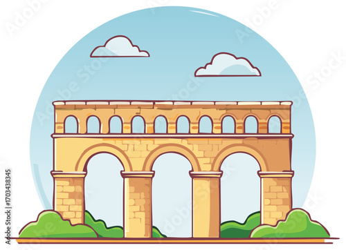 Illustration of a classic ancient Roman aqueduct with arches and stonework under a blue sky with clouds.