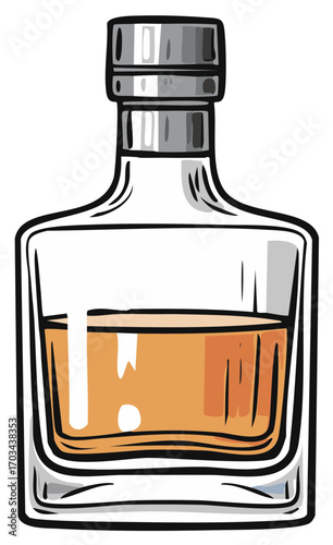 Stylized illustration of a classic square glass bottle of whiskey or bourbon