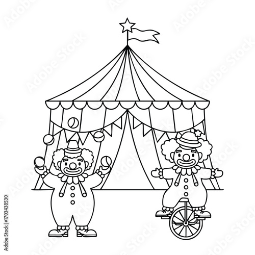 Black and white illustration of two cheerful clowns performing juggling and unicycling in front of a circus tent with flags and decorations