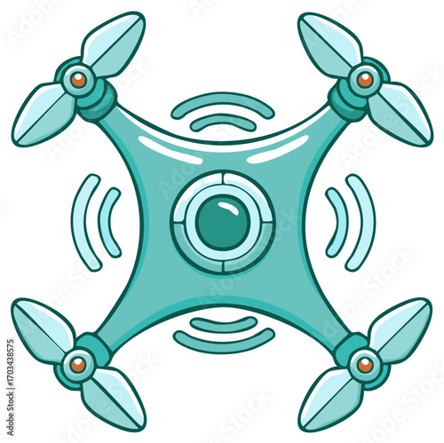 Cartoon illustration of a modern drone with propellers, camera and wireless connection