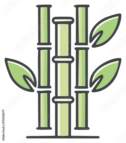 Stylized Green Bamboo Stalks with Leaves Illustration, Asian Plant Icon, Tranquil Forest Element