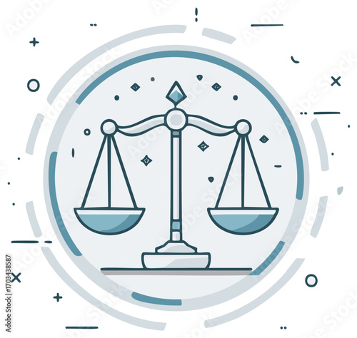 Stylized graphic icon of antique justice scales balanced equally, symbolizing fairness and equilibrium