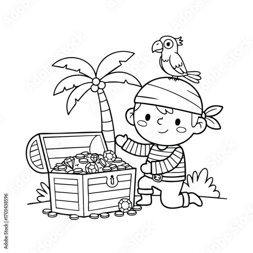 A cheerful child dressed as a pirate kneeling beside an open treasure chest filled with coins under a palm tree with a parrot perched on the head