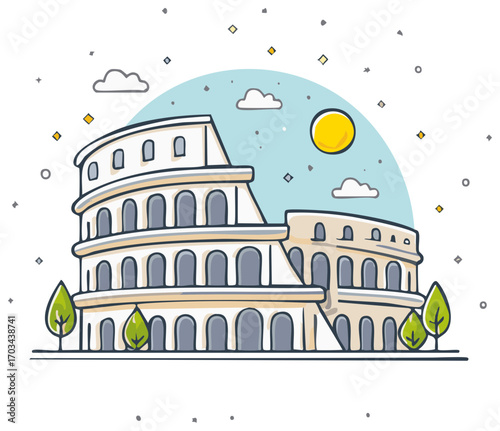 Charming vector illustration of a grand ancient amphitheater landmark building under a bright sky